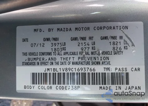 2012 Mazda Mazda3 I Touring z USA, uszkodzony, nr VIN JM1BL1V89C1693766